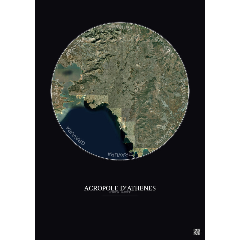 Affiche Acropole Dathenes – Poster vue satellite 20km Couleur | Gravura – Fond foncé