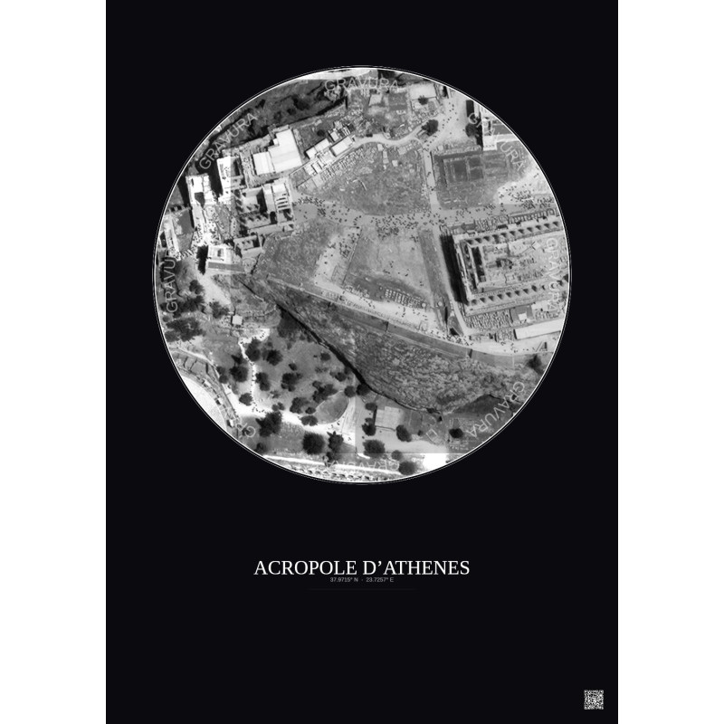 Affiche Acropole Dathenes – Poster vue satellite 0.1km N&B | Gravura – Fond foncé