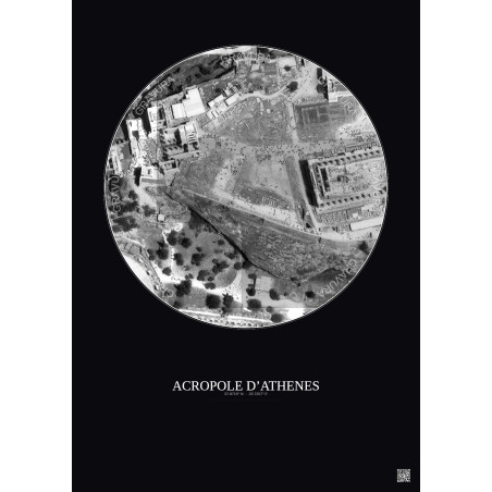 Affiche Acropole Dathenes – Poster vue satellite 0.1km N&B | Gravura – Fond foncé