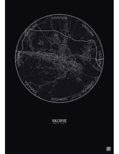 Affiche Skopje – Poster carte de ville 10km | Gravura – Fond foncé