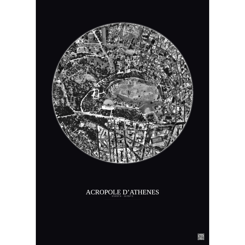 Affiche Acropole Dathenes – Poster vue satellite 0.5km N&B | Gravura – Fond foncé