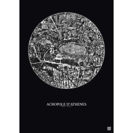 Affiche Acropole Dathenes – Poster vue satellite 0.5km N&B | Gravura – Fond foncé