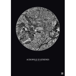 Affiche Acropole Dathenes – Poster vue satellite 1km N&B | Gravura – Fond foncé