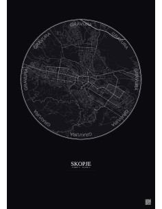 Affiche Skopje – Poster carte de ville 6km | Gravura – Fond foncé 2