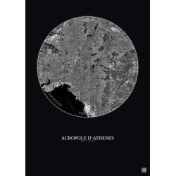 Affiche Acropole Dathenes – Poster vue satellite 10km N&B | Gravura – Fond foncé