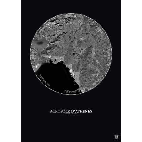 Affiche Acropole Dathenes – Poster vue satellite 20km N&B | Gravura – Fond foncé