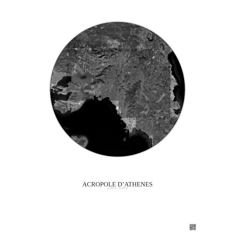 Acropole Dathenes Satellite View Poster 30km B&W | Gravura – Light background