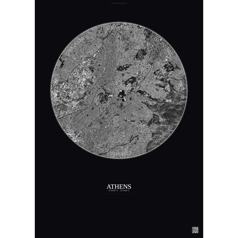 Affiche Athens – Poster vue satellite 6km N&B | Gravura – Fond foncé
