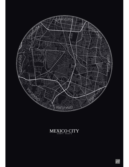 Affiche Mexico City – Poster carte de ville 6km | Gravura – Fond foncé