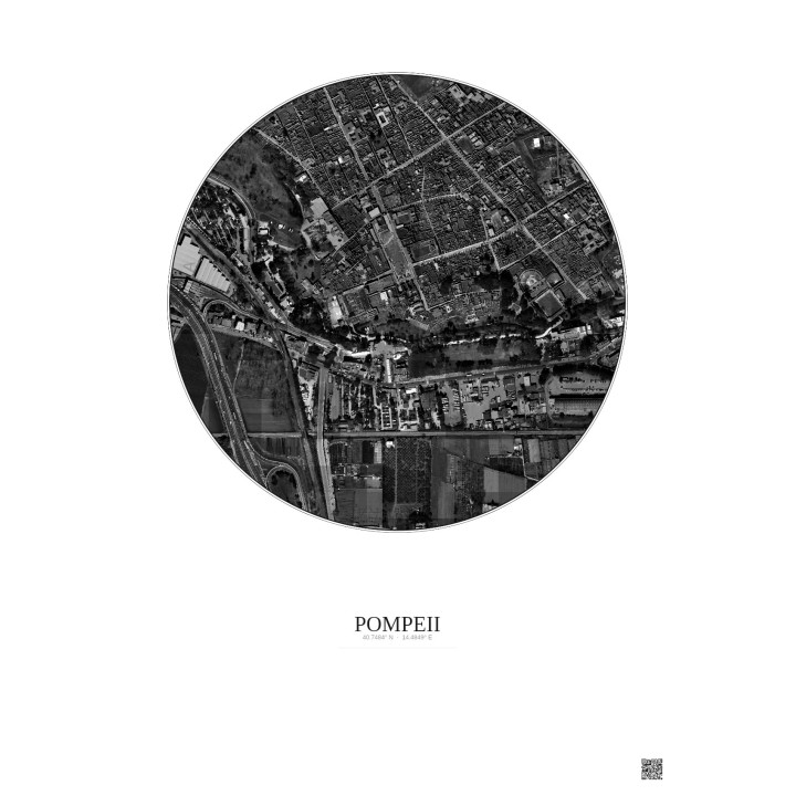 Affiche Pompeii – Poster vue satellite 0.5km N&B | Gravura – Fond clair