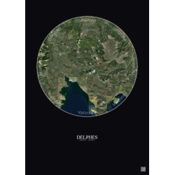 Affiche Delphes – Poster vue satellite 20km Couleur | Gravura – Fond foncé