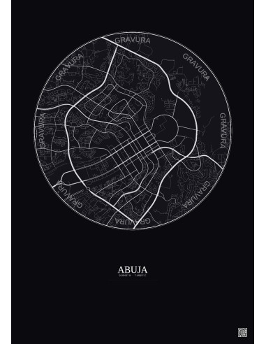 Affiche Abuja – Poster carte de ville 6km | Gravura – Fond foncé