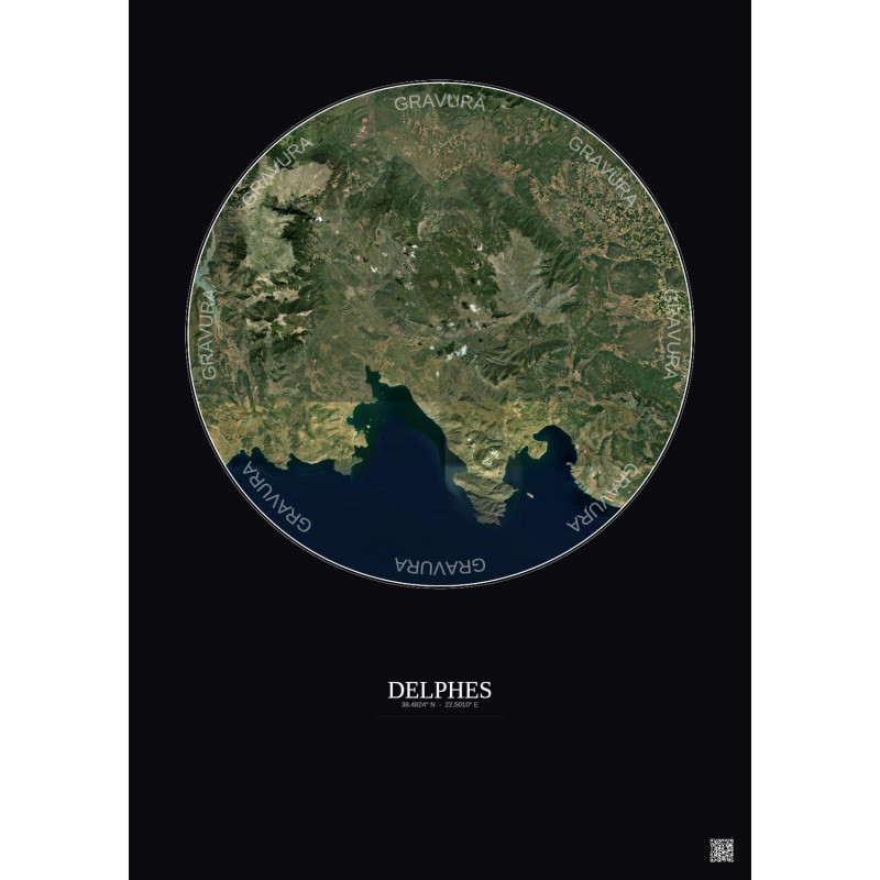Affiche Delphes – Poster vue satellite 30km Couleur | Gravura – Fond foncé