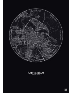 Affiche Amsterdam – Poster carte de ville 10km | Gravura – Fond foncé 2