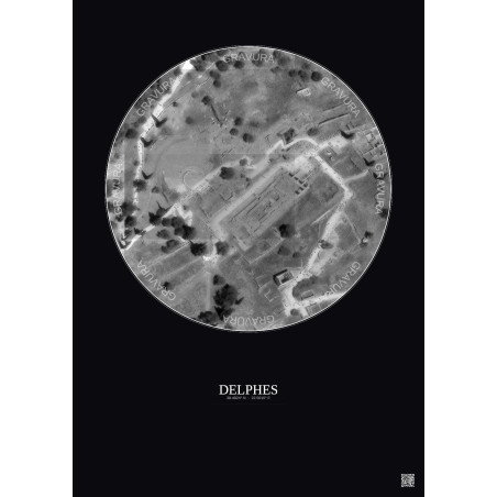 Affiche Delphes – Poster vue satellite 0.1km N&B | Gravura – Fond foncé