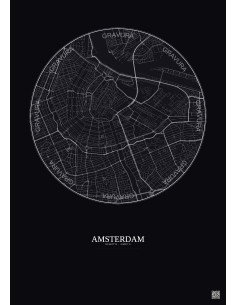 Affiche Amsterdam – Poster carte de ville 2.5km | Gravura – Fond foncé 2