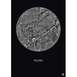 Affiche Delphes – Poster vue satellite 0.5km N&B | Gravura – Fond foncé
