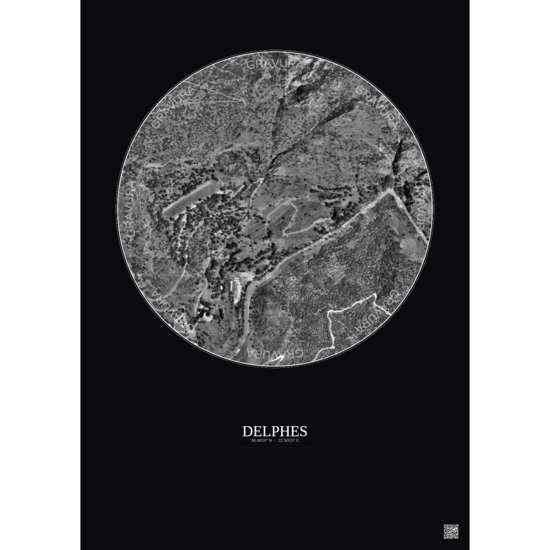 Affiche Delphes – Poster vue satellite 0.5km N&B | Gravura – Fond foncé