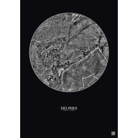 Affiche Delphes – Poster vue satellite 0.5km N&B | Gravura – Fond foncé