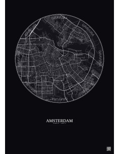 Affiche Amsterdam – Poster carte de ville 6km | Gravura – Fond foncé 2
