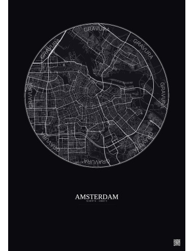 Amsterdam City Map Poster 6km | Gravura – Dark background