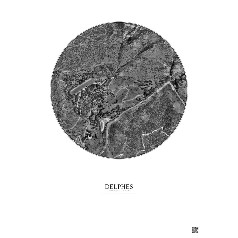 Affiche Delphes – Poster vue satellite 0.5km N&B | Gravura – Fond clair
