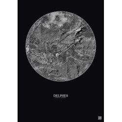 Affiche Delphes – Poster vue satellite 1km N&B | Gravura – Fond foncé