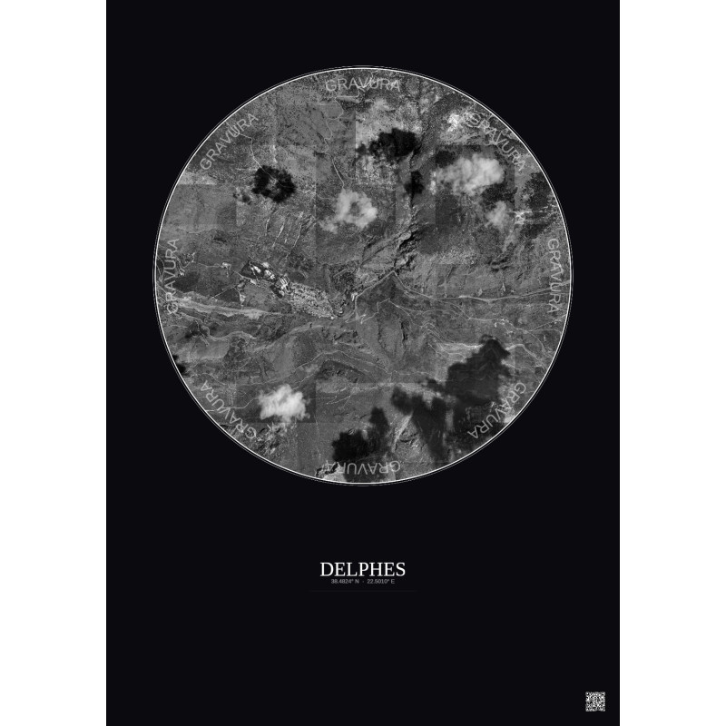 Affiche Delphes – Poster vue satellite 2.5km N&B | Gravura – Fond foncé