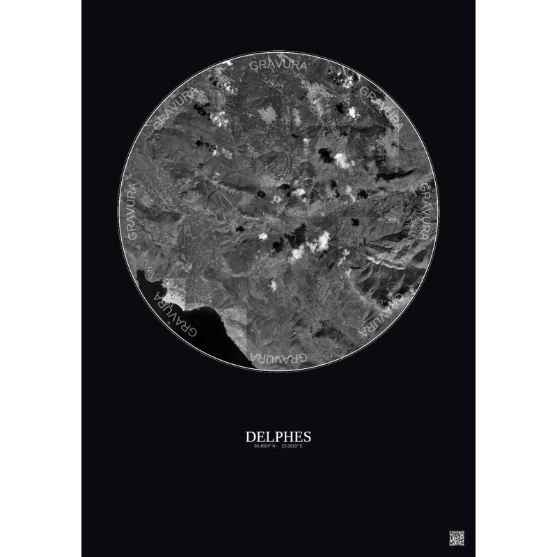 Affiche Delphes – Poster vue satellite 10km N&B | Gravura – Fond foncé