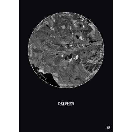 Affiche Delphes – Poster vue satellite 10km N&B | Gravura – Fond foncé