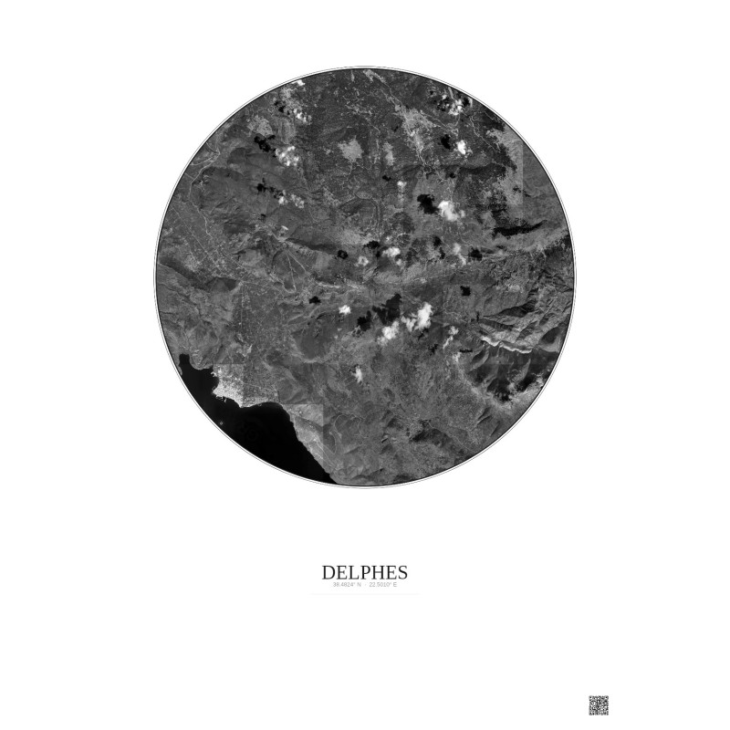 Affiche Delphes – Poster vue satellite 10km N&B | Gravura – Fond clair