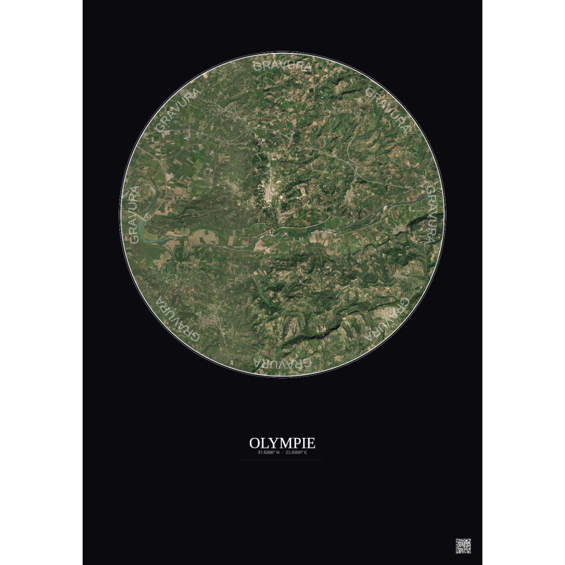 Affiche Olympie – Poster vue satellite 5km Couleur | Gravura – Fond foncé