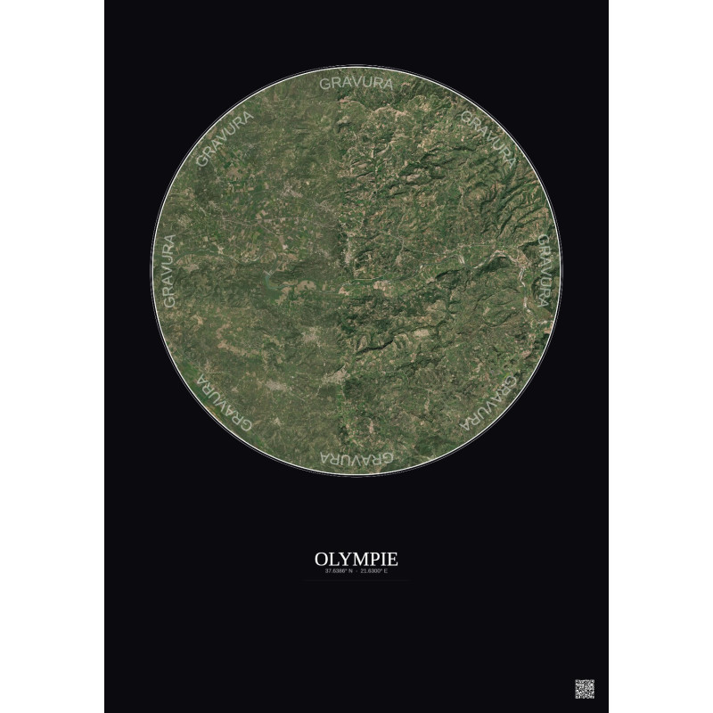 Affiche Olympie – Poster vue satellite 10km Couleur | Gravura – Fond foncé