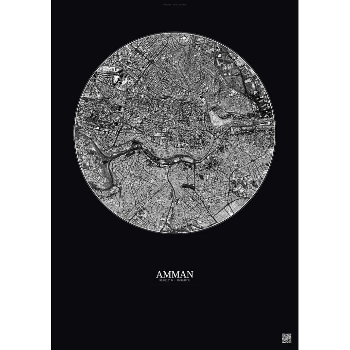 Affiche Amman – Poster vue satellite 2.5km N&B | Gravura – Fond foncé