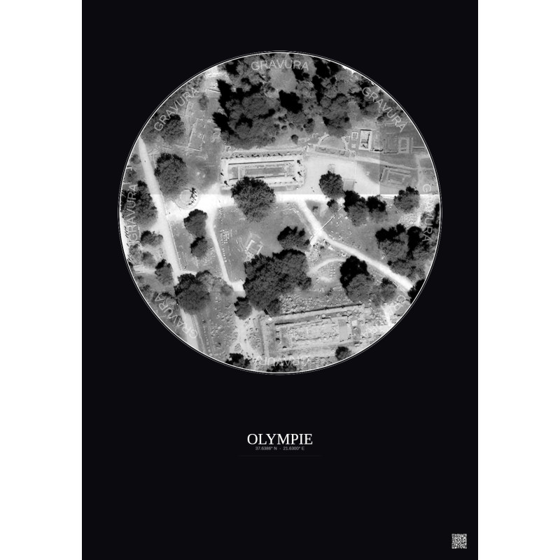 Affiche Olympie – Poster vue satellite 0.1km N&B | Gravura – Fond foncé