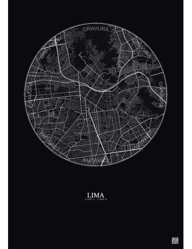 Affiche Lima – Poster carte de ville 6km | Gravura – Fond foncé