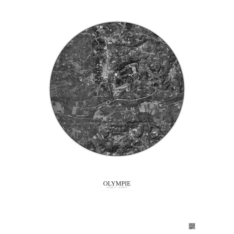 Affiche Olympie – Poster vue satellite 2.5km N&B | Gravura – Fond clair