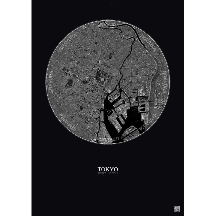 Affiche Tokyo – Poster vue satellite 10km N&B | Gravura – Fond foncé