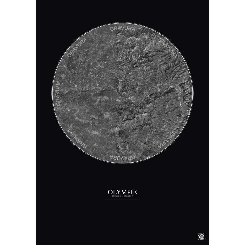 Affiche Olympie – Poster vue satellite 10km N&B | Gravura – Fond foncé