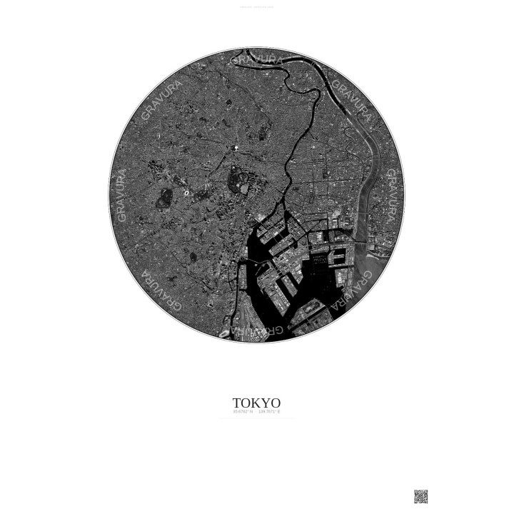 Affiche Tokyo – Poster vue satellite 10km N&B | Gravura – Fond clair