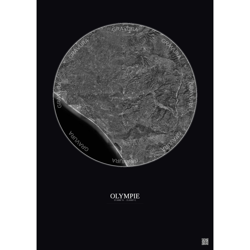 Affiche Olympie – Poster vue satellite 20km N&B | Gravura – Fond foncé