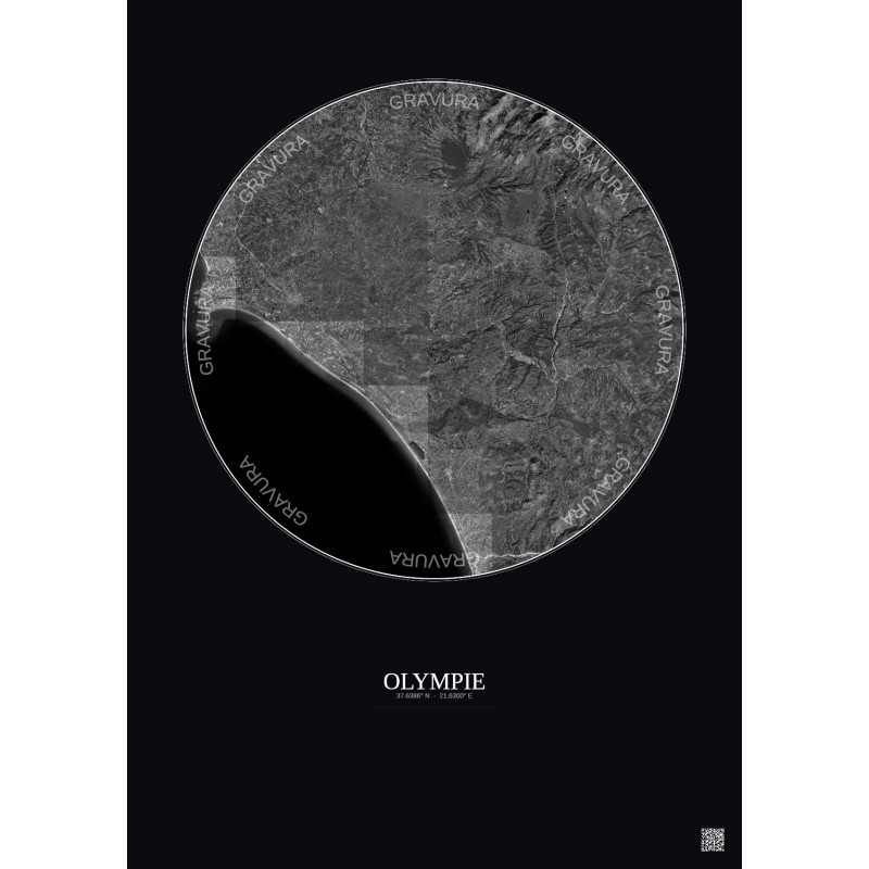 Affiche Olympie – Poster vue satellite 30km N&B | Gravura – Fond foncé