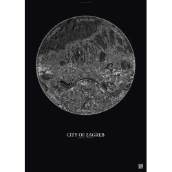 Affiche City Of Zagreb – Poster vue satellite 10km N&B | Gravura – Fond foncé