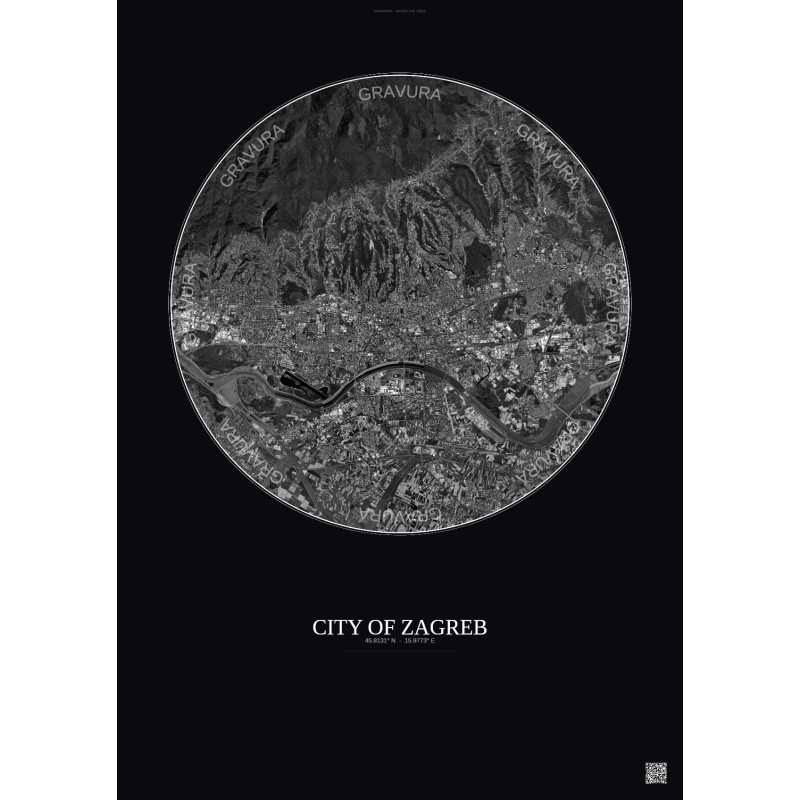 Affiche City Of Zagreb – Poster vue satellite 10km N&B | Gravura – Fond foncé