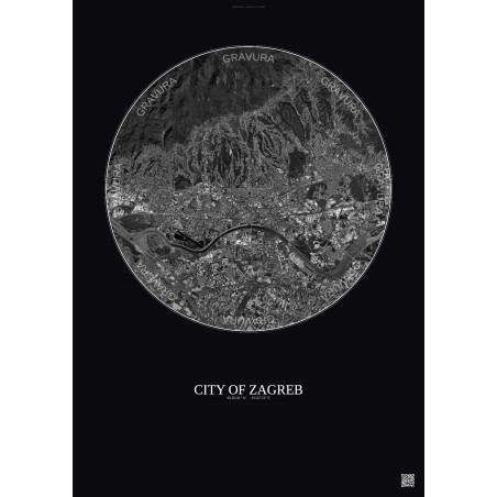 Affiche City Of Zagreb – Poster vue satellite 10km N&B | Gravura – Fond foncé