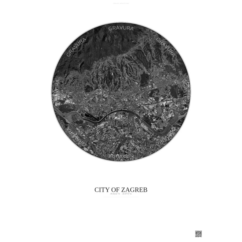 Affiche City Of Zagreb – Poster vue satellite 10km N&B | Gravura – Fond clair