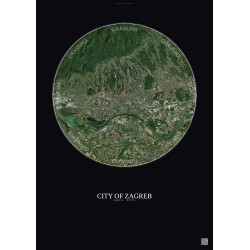 Affiche City Of Zagreb – Poster vue satellite 10km Couleur | Gravura – Fond foncé