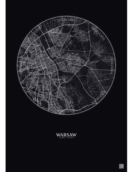 Warsaw City Map Poster 10km | Gravura – Dark background