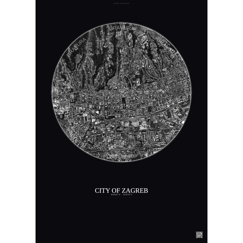Affiche City Of Zagreb – Poster vue satellite 2.5km N&B | Gravura – Fond foncé