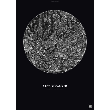 Affiche City Of Zagreb – Poster vue satellite 2.5km N&B | Gravura – Fond foncé